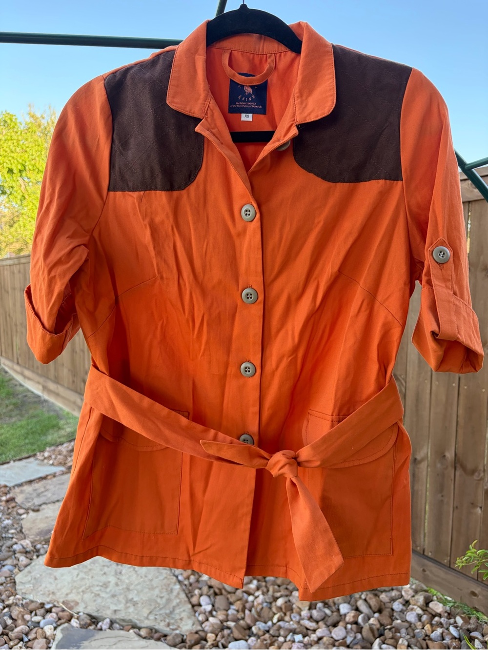 Women's Orange Button-Front Utility Shirt with Brown Shoulder Yokes
